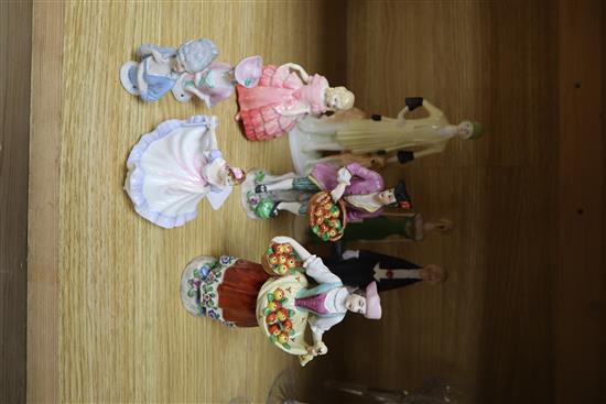 A group of Doulton, Coalport etc figures, two pin dolls and two biscuit wedding figures, tallest 22cm